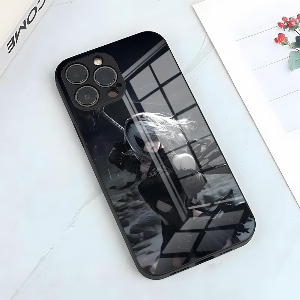 N-NieR Automata 2B Phone Case For IPhone 17 Pro Max 15 Pro 16 14 Plus 12 13 Mini 11 Pro Shockproof Glass Cover