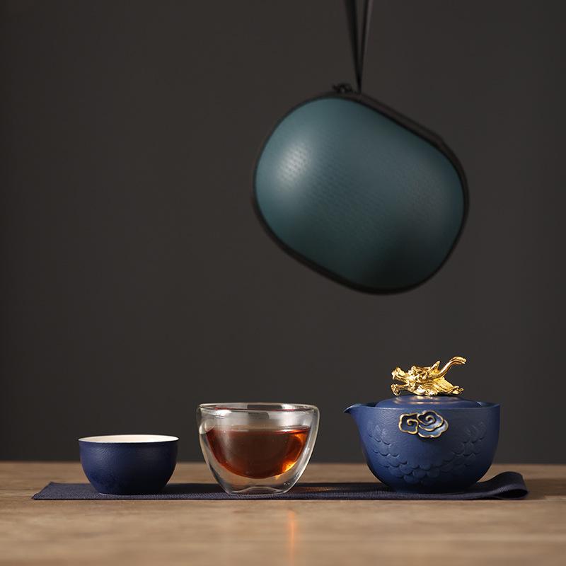 

Portable travel tea set, one pot and two cups storage, hand-held dragon pot, outdoor camping tea maker, business gift.