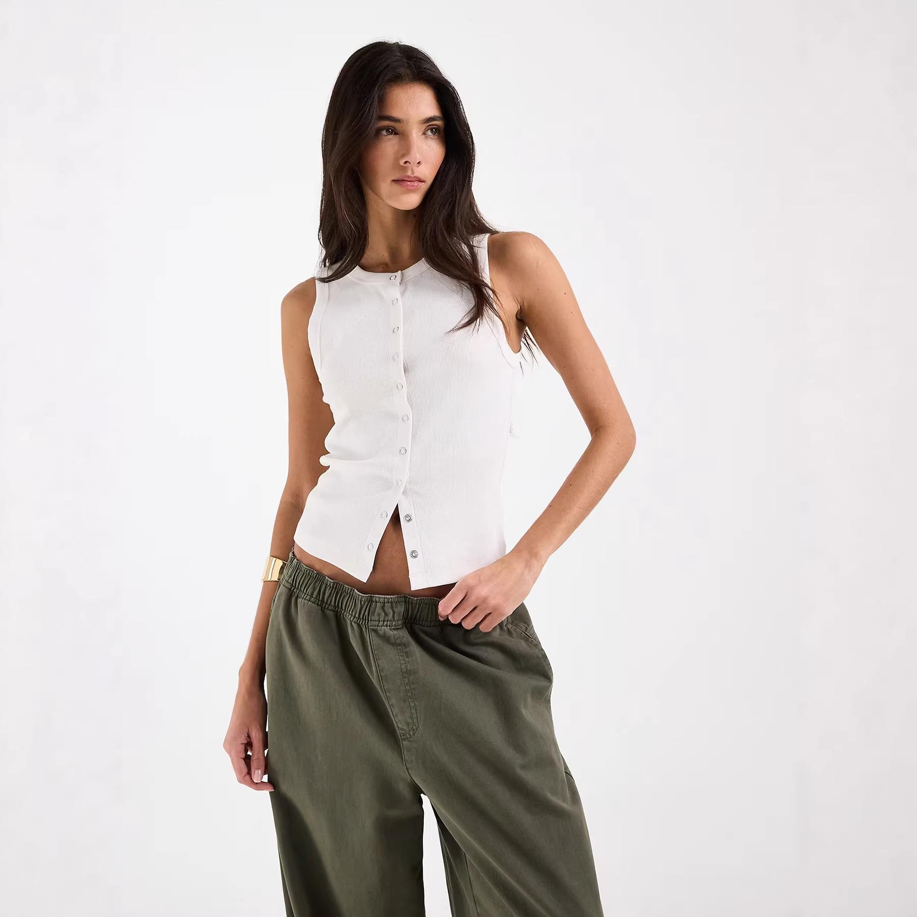 Women s Round Neck Ribbed Knit Sleeveless Button Down Tank Top Slim Fit Vest XS белый