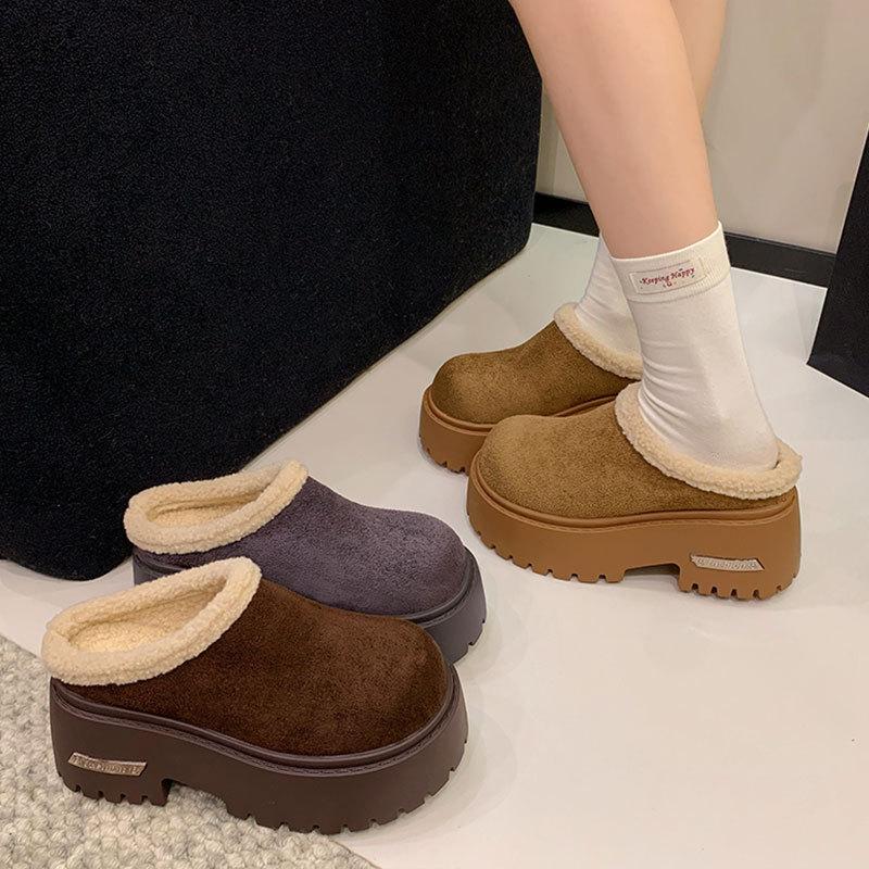 Leather thick-soled heightened piled bag head half slippers women's shoes autumn and winter new snow boots fluffy cotton slippers