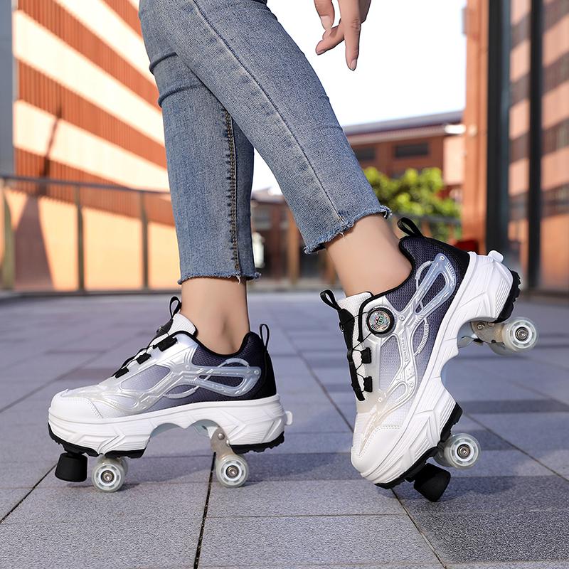 35-44 Boys/ Mens Skate Shoes Walking Shoes  Four-wheeled Roller Skates for Women One-button Retractable Adult Double-row Deformation Shoes