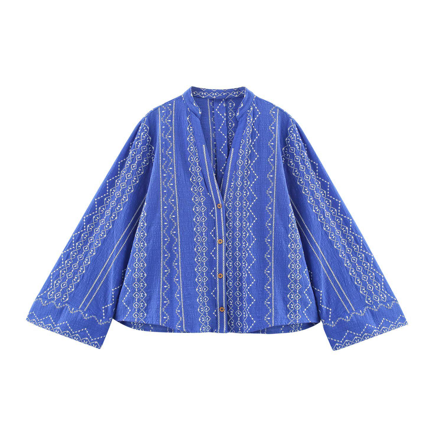 

2025 Spring Women s European & American Style Embroidered Versatile Shirt Small синий