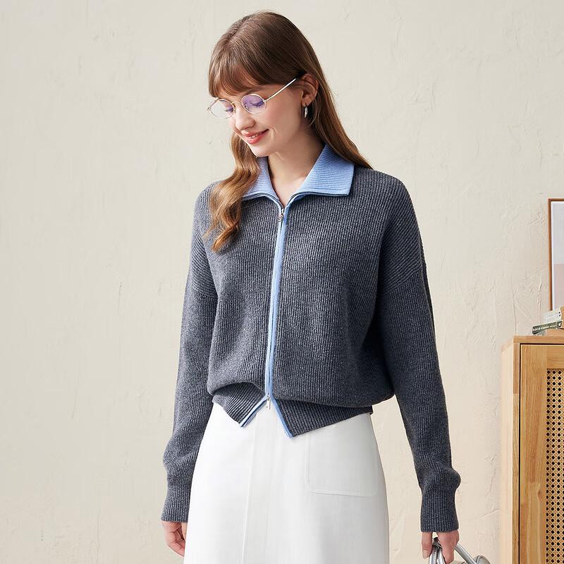 Komombo Women's Wool Lapel Zipper Cardigan
