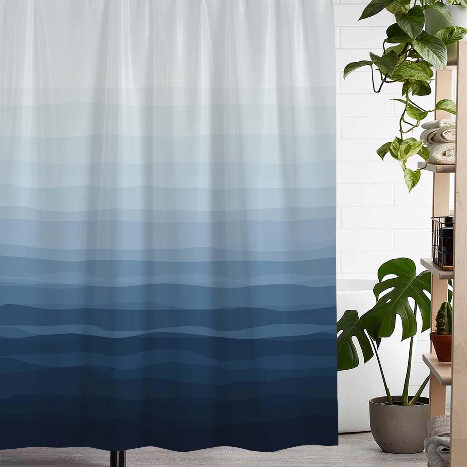 

Vintage Blue Gradient Bath Curtain - Ocean Wave Design, Polyester, Woven, Machine Washable, 12 Hooks, Artistic Bathroom Decor W60H190(CM)-1 Pcs