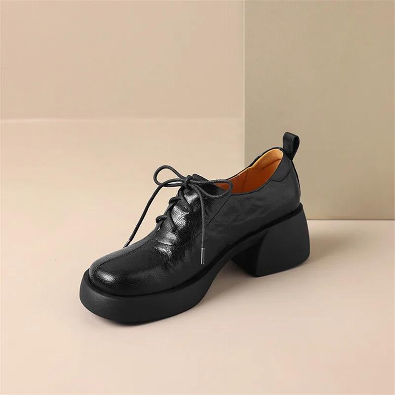 Fashion New Autumn Genuine Leather Women Loafers Round Toe Chunky Heel Lace High Heels Versatile Women Pumps Platform Shoes for Women
