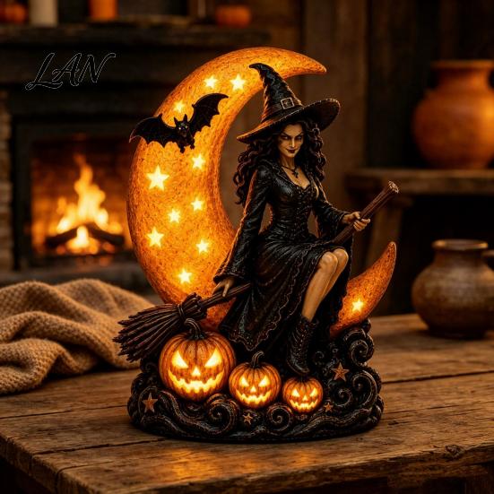 Vintage Magical Atmosphere Lamp Halloween Witch Lamp, Gothic Crescent Moon LED Night Light, Decoration Spooky Decorative Table for Bedroom Bookshelf