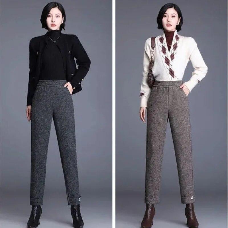 Podzim a zima Dámské jednobarevné elastické klasické halunové kalhoty s vysokým pasem vlněná móda ležérní formální kalhoty na dojíždění