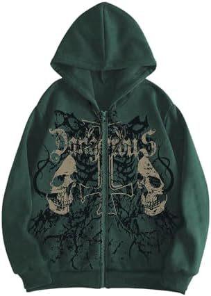 WDIRARA Men's Daily Casual Gothic Skull Drawstring Long Sleeve Zipper Hooded Sweater