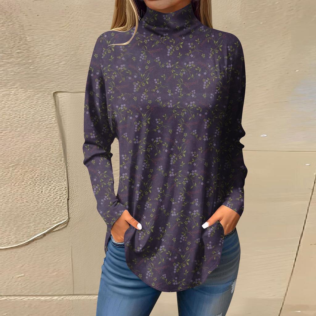 Tricouri pentru femei, toamnă, ocazional, cămăși cu mânecă lungă, hanorac, cu imprimeu vintage, cu gât înalt, pulover