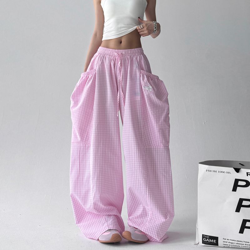 

2025 American vintage Plaid Casual Pants Women Summer New Loose Slimming Versatile Super Hot Straight Wide Leg Pants Pink S
