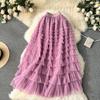 Summer Women Elegant Ruffles Mesh Elstic Waist Long Midi Cake Skirt