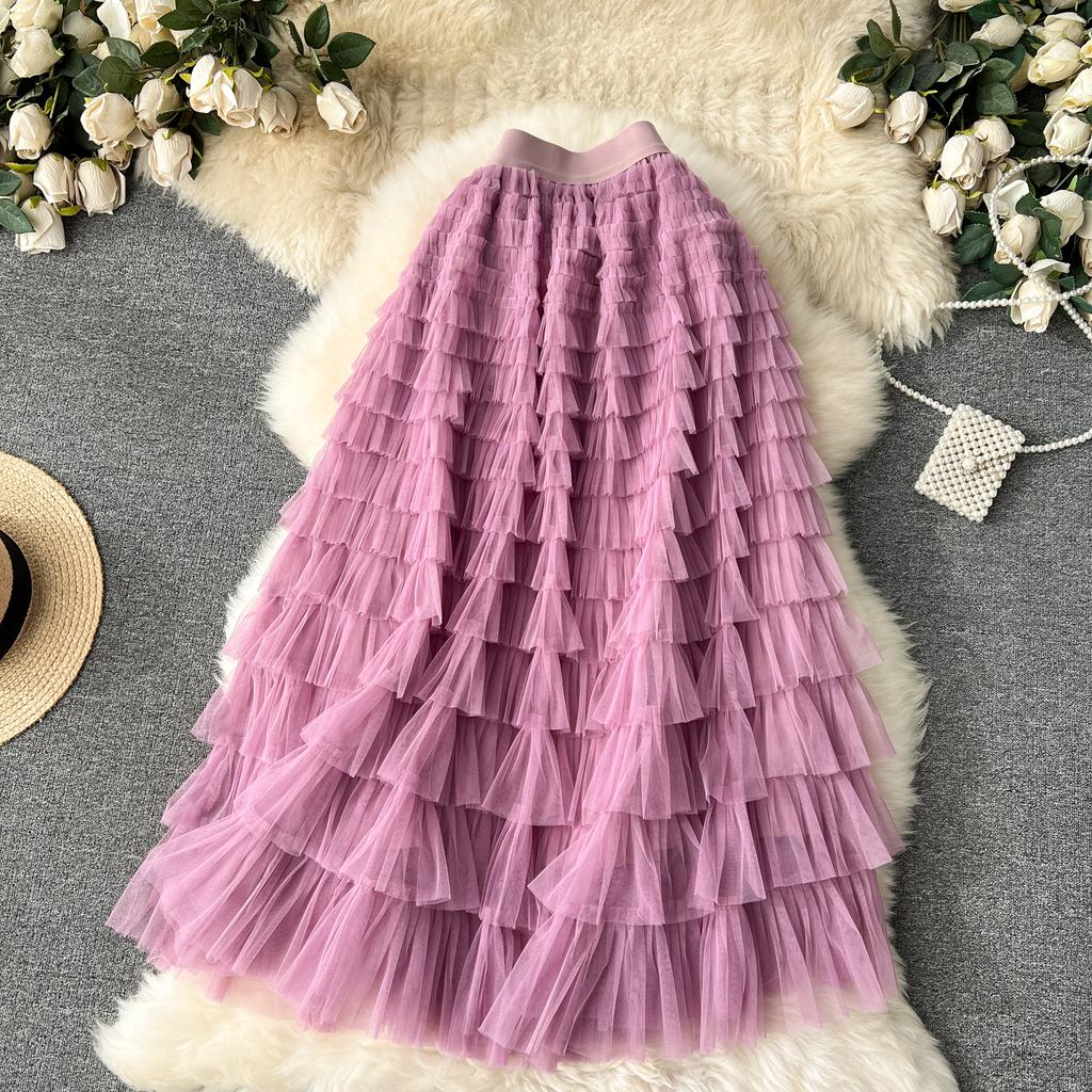 Summer Women Elegant Ruffles Mesh Elstic Waist Long Midi Cake Skirt