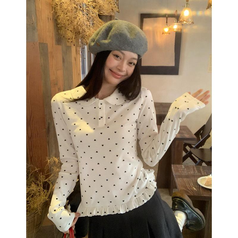 Chic Heart Print Button-Up Doll Collar Long Sleeve Women s Fleece Top S