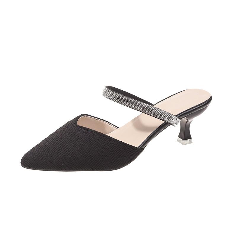 Rhinestone bag head sandals women's summer French V-mouth sandals pointed head thin heel large size half drag small size one-word strap high heels