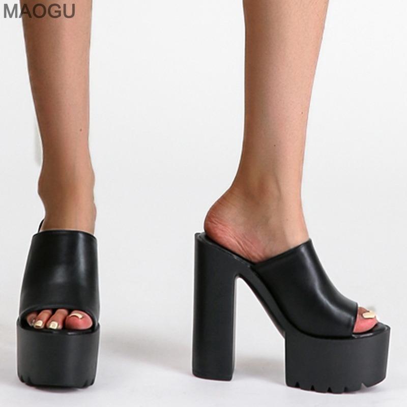 14CM Super High Heel Platform Mules Women Outdoor Slippers Peep Toe Slip On Sandals PU Black White Size 35-42 Zapatos De Mujer