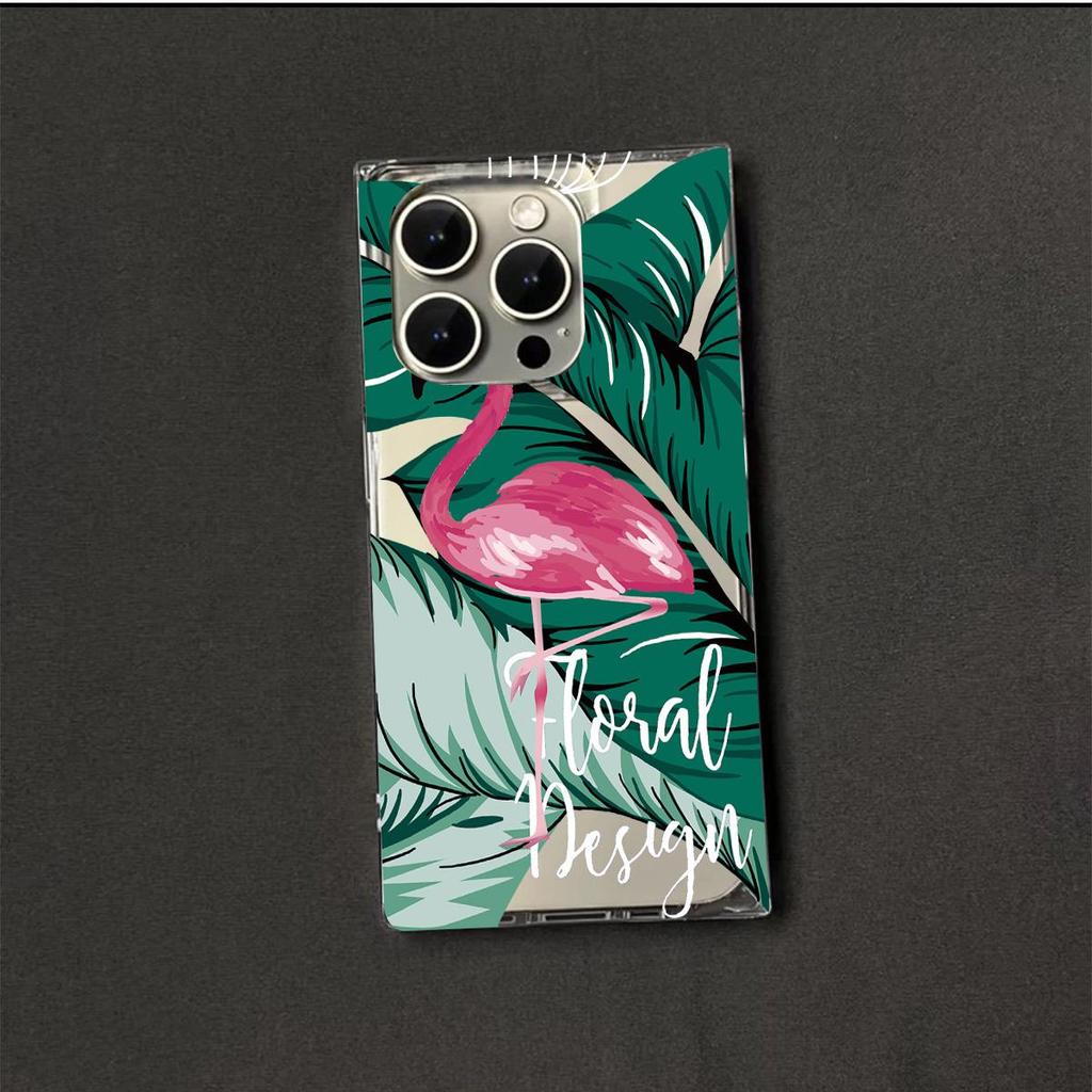 Clear Square Back Tube Case Protection For iPhone 13 15 Plus 16 ProMax 12 14 Pro Max 11 Anti-Oxygen,Red Flower Flamingo Pattern Casing