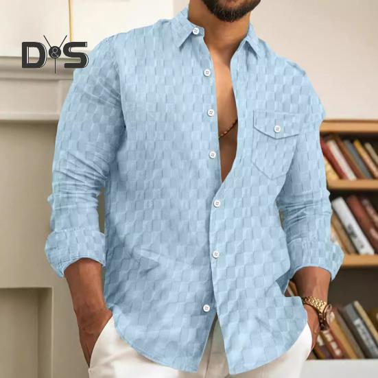 Fall Spring Men Shirt Button Turn-down Collar Long Sleeves Loose Plaid Applique with Chest Pocket Daily Wear Business Bottoming Top