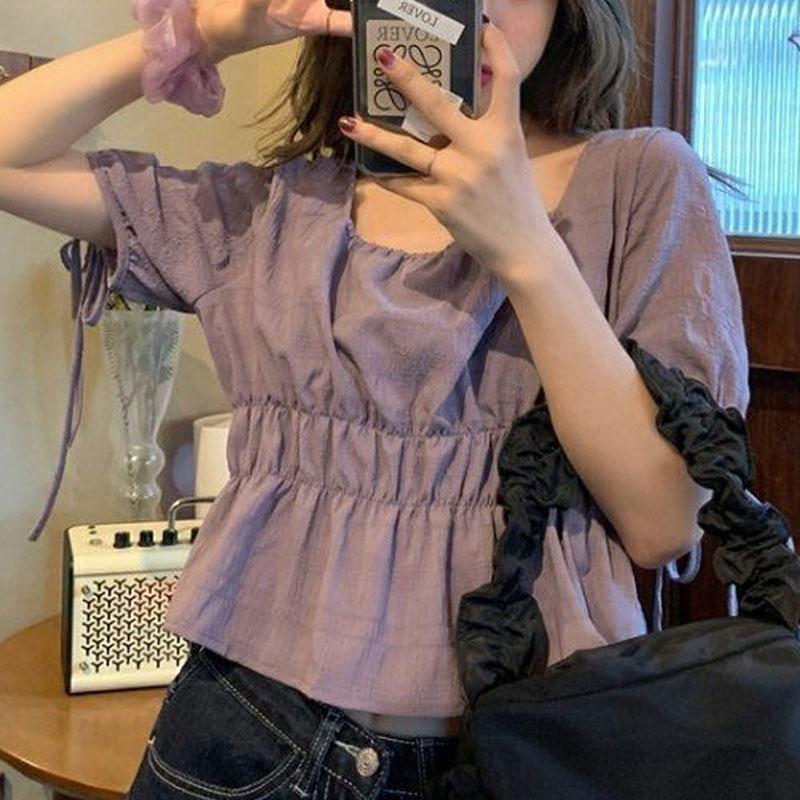 Fashionable Puff Sleeve Drawstring Blouse Korean Solid Summer New Square Collar Sweet Elegant Short Shirts