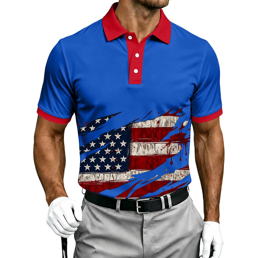 Men's Short Sleeve Polo Shirt Halloween Flag Print Casual Summer Breathable Lightweight Button Collar Top