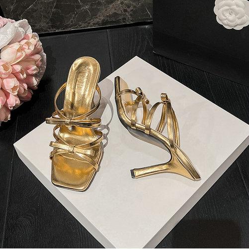 

Fashion Summer 2025 New Collection: Versatile Square-Toed Hot Girl Vacation Bow Slippers And High-Heeled Flip-Flops 39 золотой