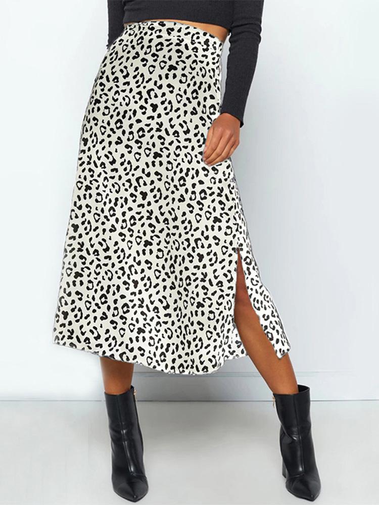 Sexy Leopard Print Split Skirt Casual Fashion Long Skirts for Women Spring Summer Elegant Female Skirt