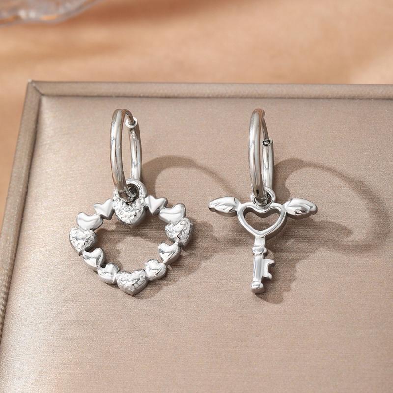 Stainless Steel Asymmetric Hoop Earrings Light Luxury Romantic Heart Spliced Wings Key Earrings for Women Jewelry Party Matching