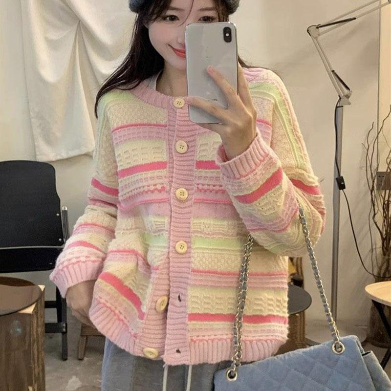 Sweet Dopamine Regenbogenstreifen, lockerer und schmaler Pullover, Strickjacke mit Rundhalsausschnitt, vielseitiger Langarm-Strickjacke, Damenmantel