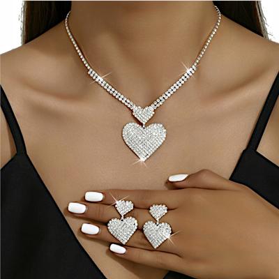 Set of Earrings Necklace Silver Wedding Set Formal Rhinestones Heart