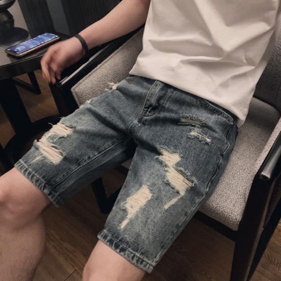 Sommer Ripped Holes Denim Shorts Mittelhohe Taschen Reißverschluss Knopfleiste Gerades Bein Knielange Herren Kurze Jeans Streetwear