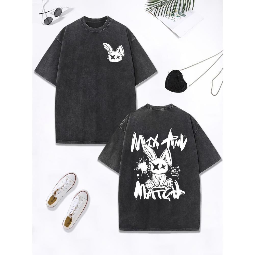 Match Rabbit Graffiti Printing Washed T-Shirt Womens Cotton Oversized Tops Comfortable Distressed O-Neck T Shirt Clothes