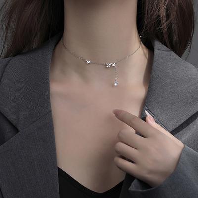 Super Sweet Diamond Flower Necklace For Women Necklaces Can Be Pulled Out Fashion Sensentie Short Butterfly Fringe Clavicle Chain