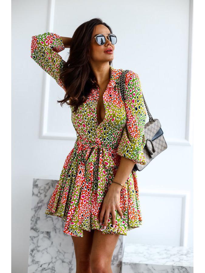 European and American Women's Long-Sleeve Tie-Waist Printed Shirt Dress