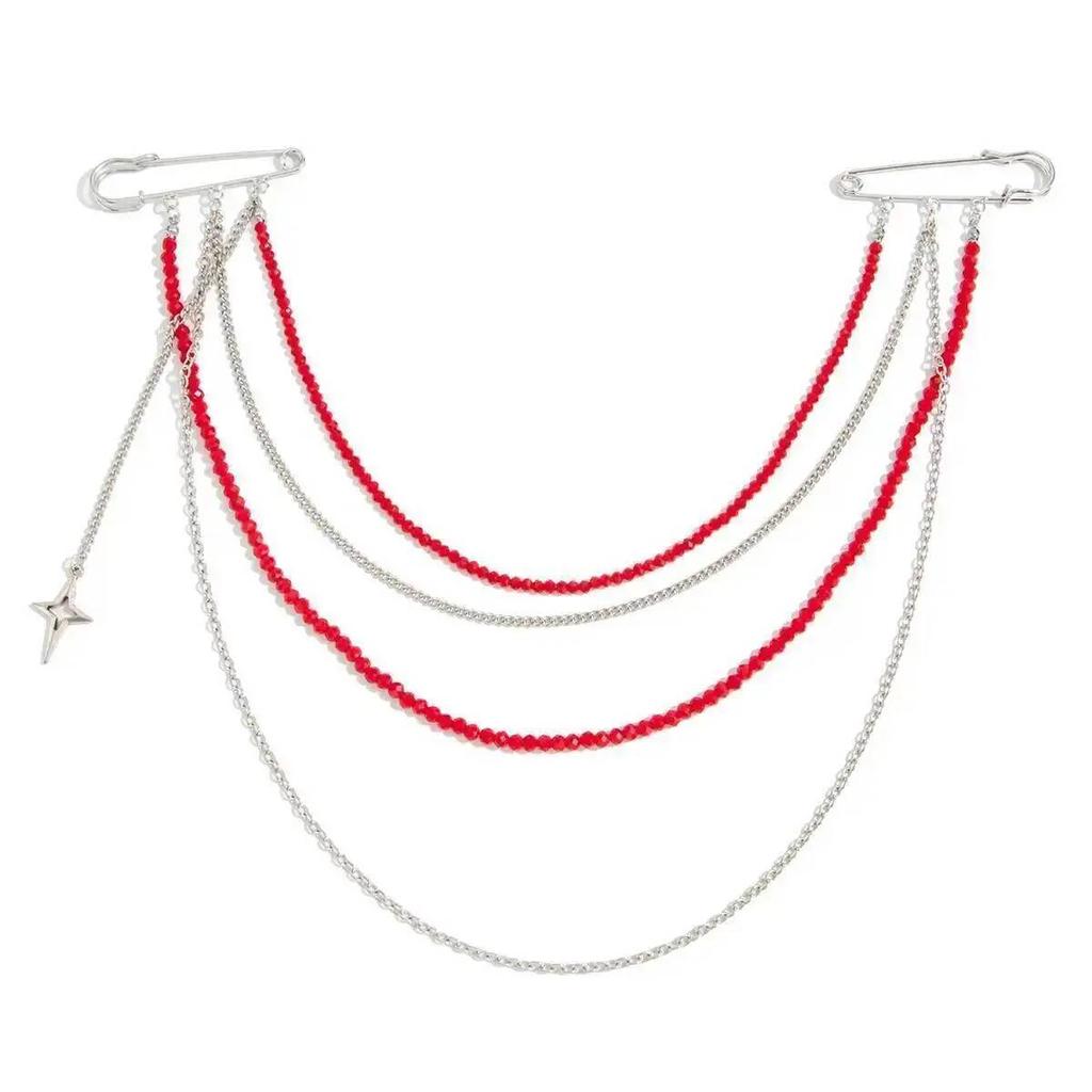 SHIXIN Punk Crystal Beads Tassel Pendant Brooch Chain Women Creative Multi-layer Tassel Double Pin Brooches Suit Brooch Jewelry