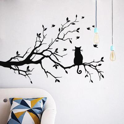 Chat sur une branche d'arbre Autocollant mural Salon Fond de canapé Chambre Décoration intérieure Autocollants artistiques Papier peint Autocollants sculptés à la main