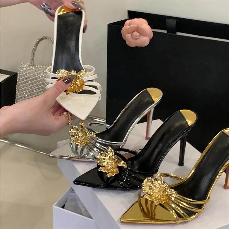Fashion Eilyken Summer Design Metal Flower Narrow Band Pointed Toe Women Slippers Thin Heels Party Prom Slide Shoes Zapatillas De Mujer
