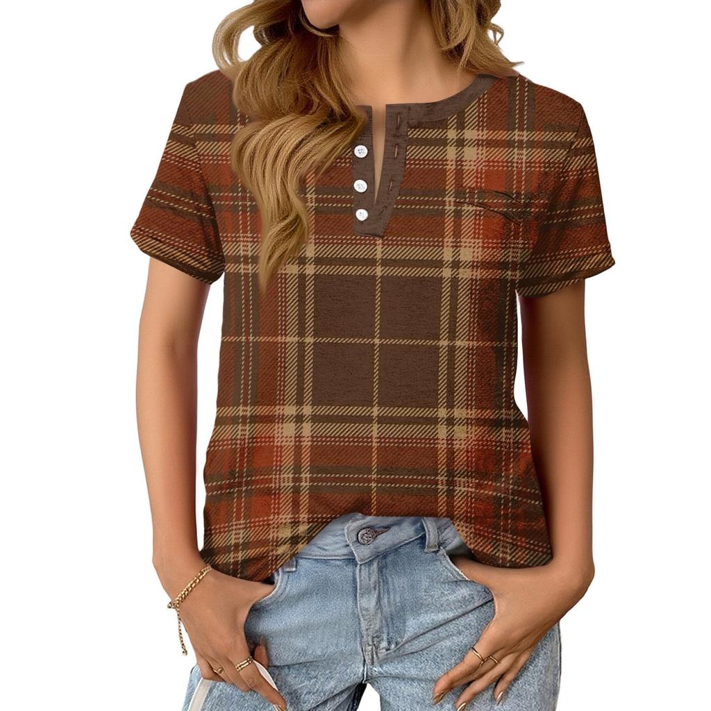 Dámský Módní Ležérní Letní Kostkovaný V-výstřih Knoflíky Krátký Rukáv Top