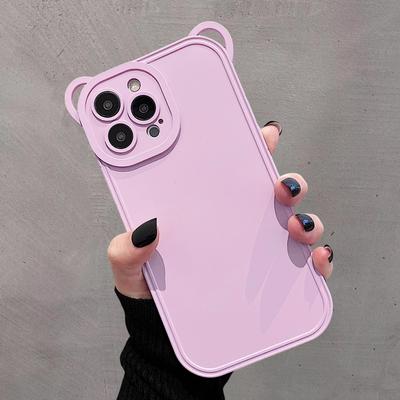 Funda de teléfono de silicona líquida mate con orejas de oso para Iphone 13, 12, 11, 14 Pro Max, Xs, X, 7, 8 Plus, protección de lente de cámara con dibujos animados