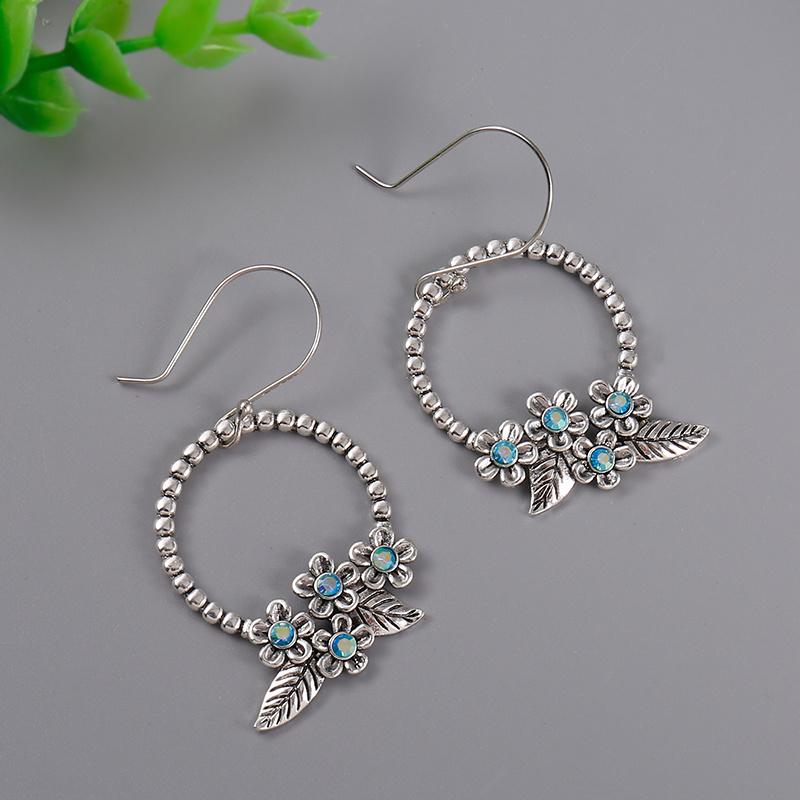 Hollow Circle Design With Flower Decor Synthetic Gems Inlaid Dangle Earrings Retro Bohemian Style Delicate Female Gift