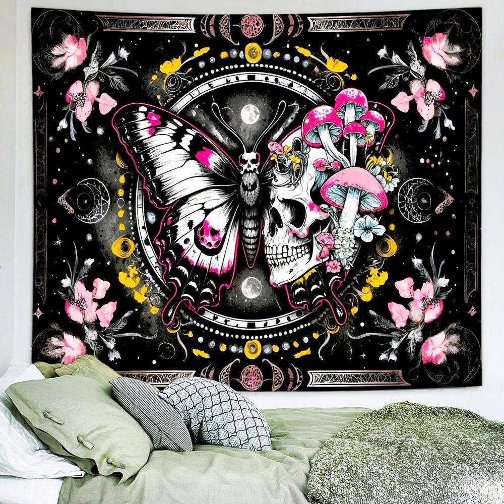 Witchy Celestial Skull Butterfly Tapestry Wild Flower Pink Amanita Mushroom Double Moon Wall Blanket for Dorm Decor 100X70CM