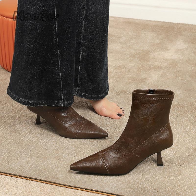 Fashion High Heel Women's Ankle Boots Soft Leather Suede Elegant Office Ladies Short Boots Bota Feminina Size 35-39 Pointed Toe Botines