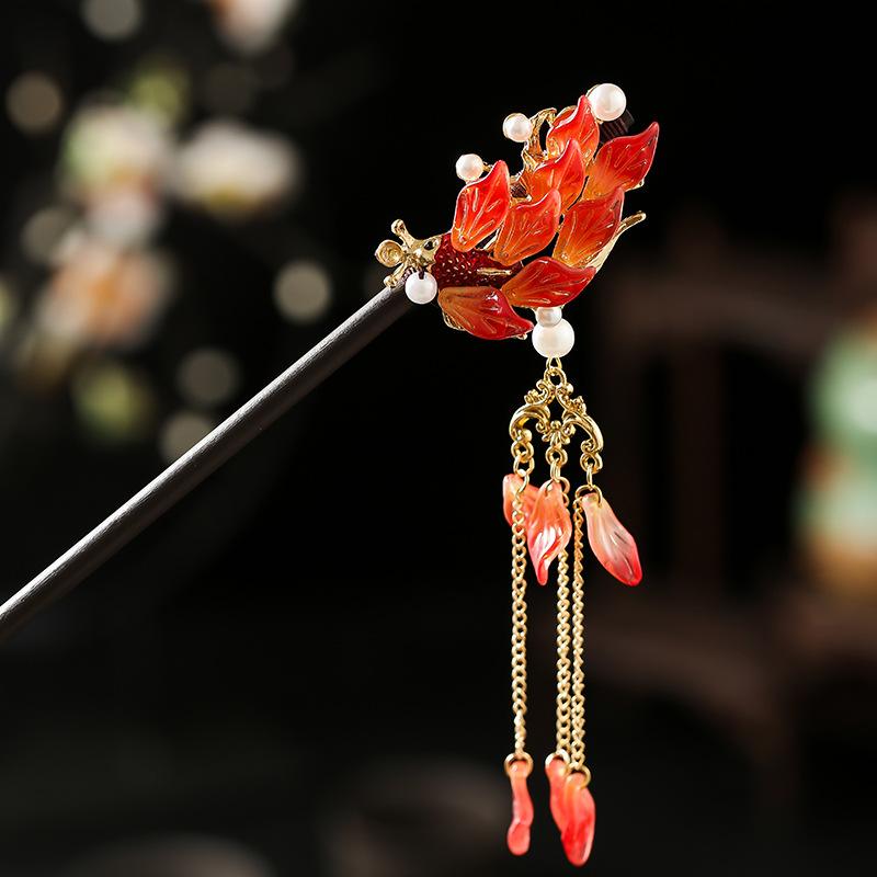 1 Stück Glas Fisch Haarnadel Antiker Kopfschmuck Sandelholz Haarnadel Frische Blütenblatt Haarnadel Neuer Chinesischer Stil Blütenblatt Quaste Haarnadel