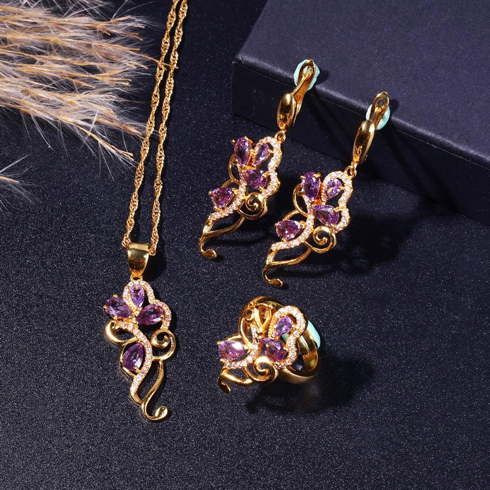 

Набор украшений из 5 предметов с фиолетовым кубическим цирконием, Позолоченный набор украшений, Серьги, Браслет, Кольцо и Набор ожерелий, Элегантный подарок для вечеринки resizable