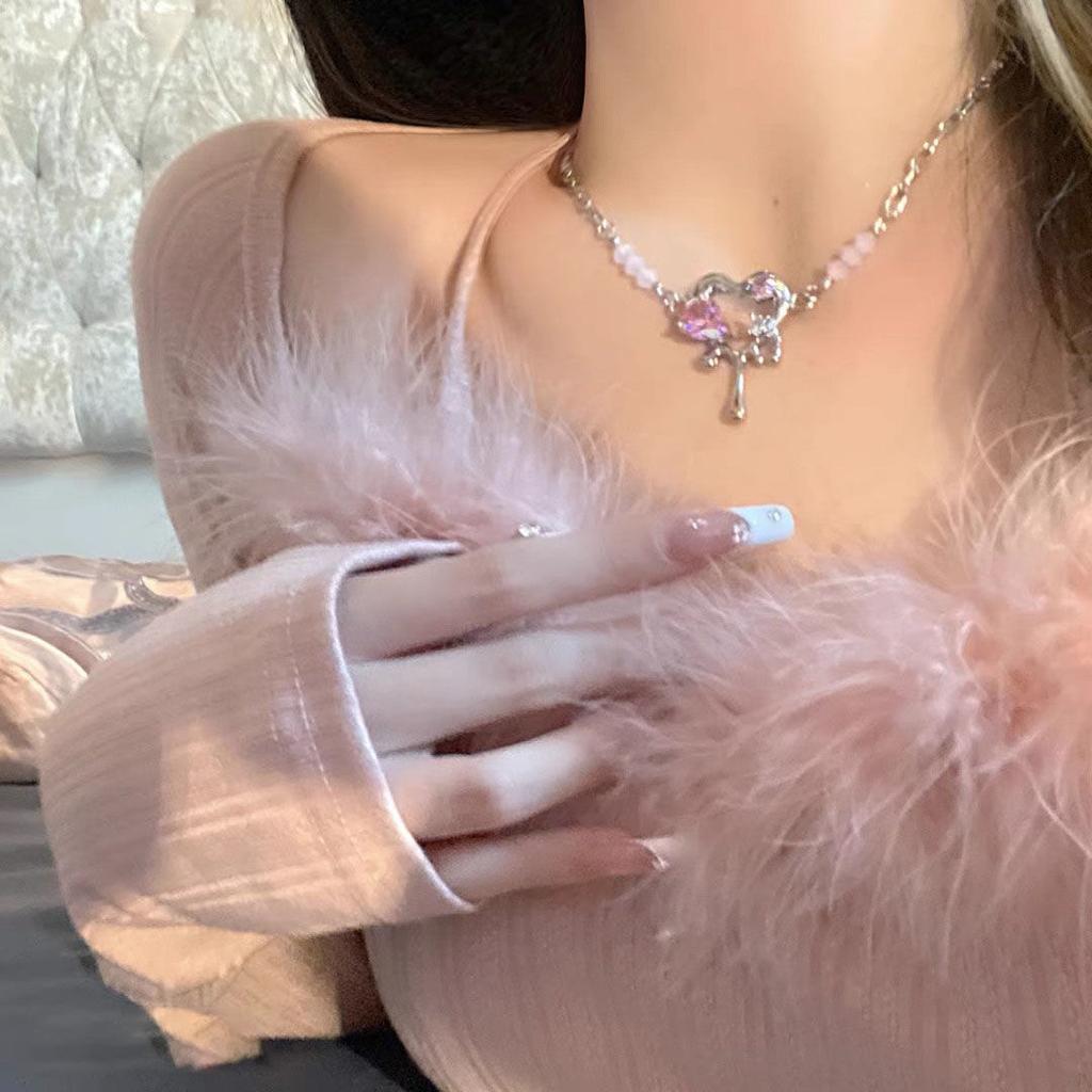 Sweet Cool Pink Liquid Metal Peach Heart Clavicle Chain, Original Water Drop Love Pendant Fashion Necklace for Girls