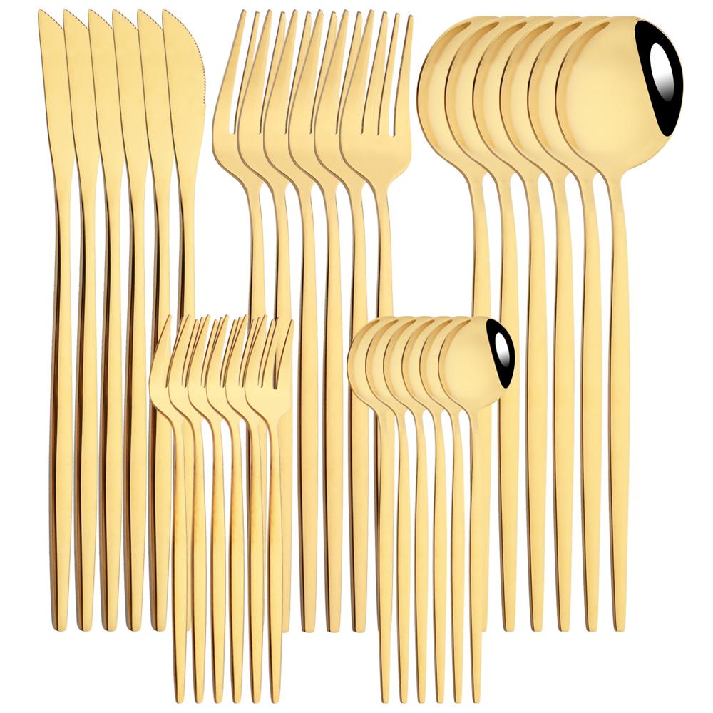 30Pcs Black Gold Cutlery Set Knife Fork Spoon Dinnerware Set Stainless Steel Cake Fork Teaspoon Tableware Party Kitchen Flatware