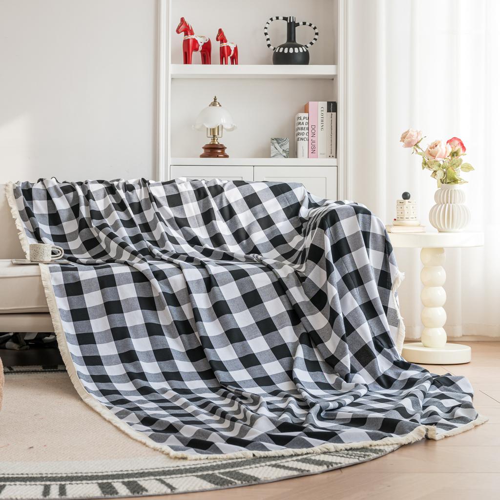Christmas Sofa Cover Plaid Slipcover Couch Cover Grid Living Room Pet Bed Chair Soft with Tassel Washable Towel Throw Blanket