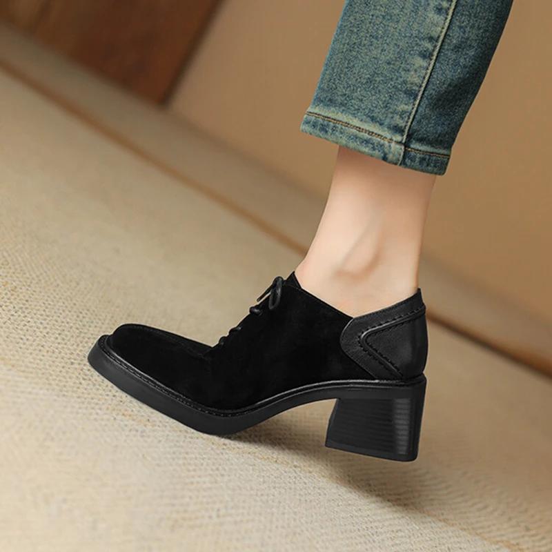 Fashion NEW Spring/Autumn Women Shoes Square Toe Chunky Heel Casual Shoes Sheep Suede Leather Shoes for Women Retro Lace Up Women Pumps