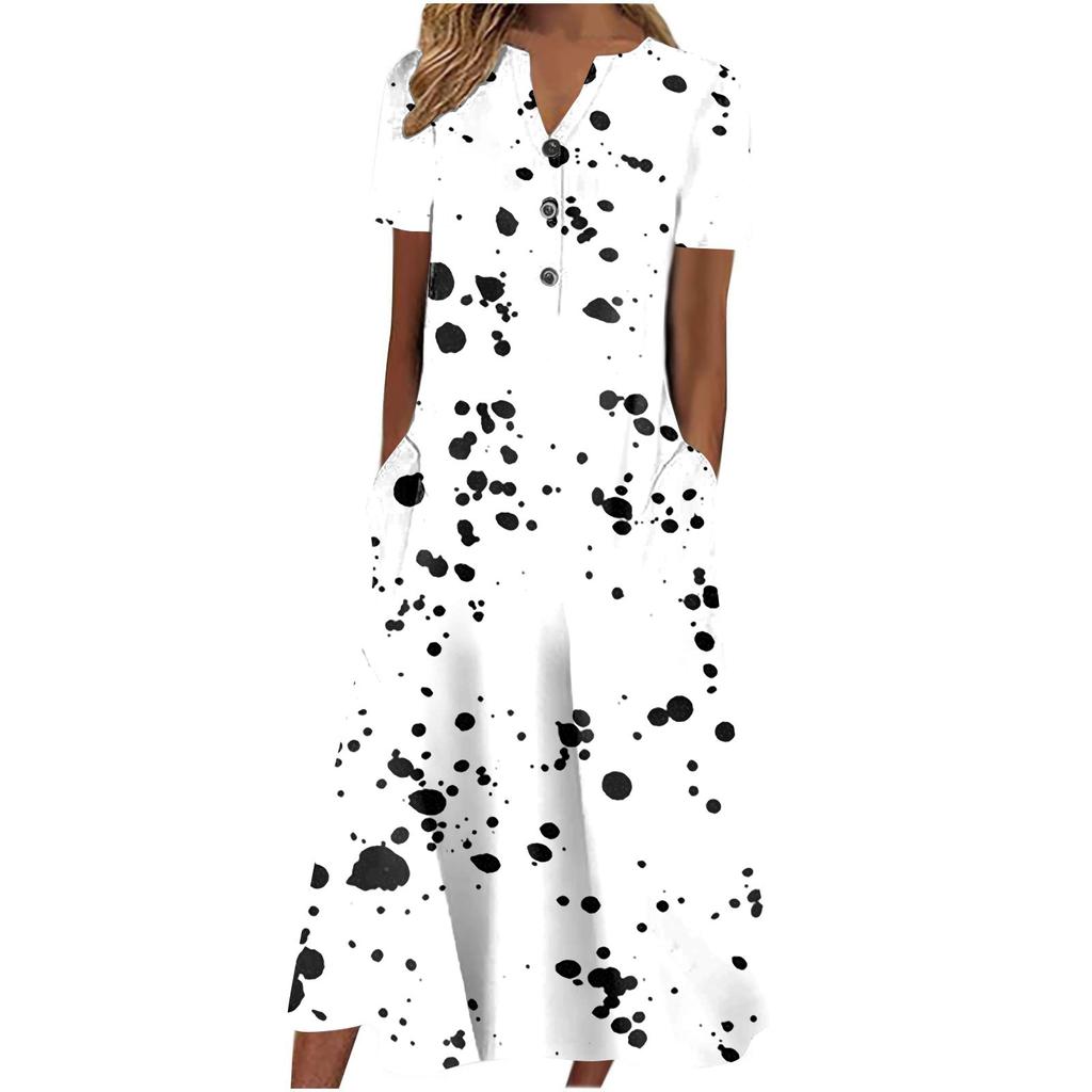 Women's Summer Casual Printed V-Neck Short-Sleeve Swing Dress