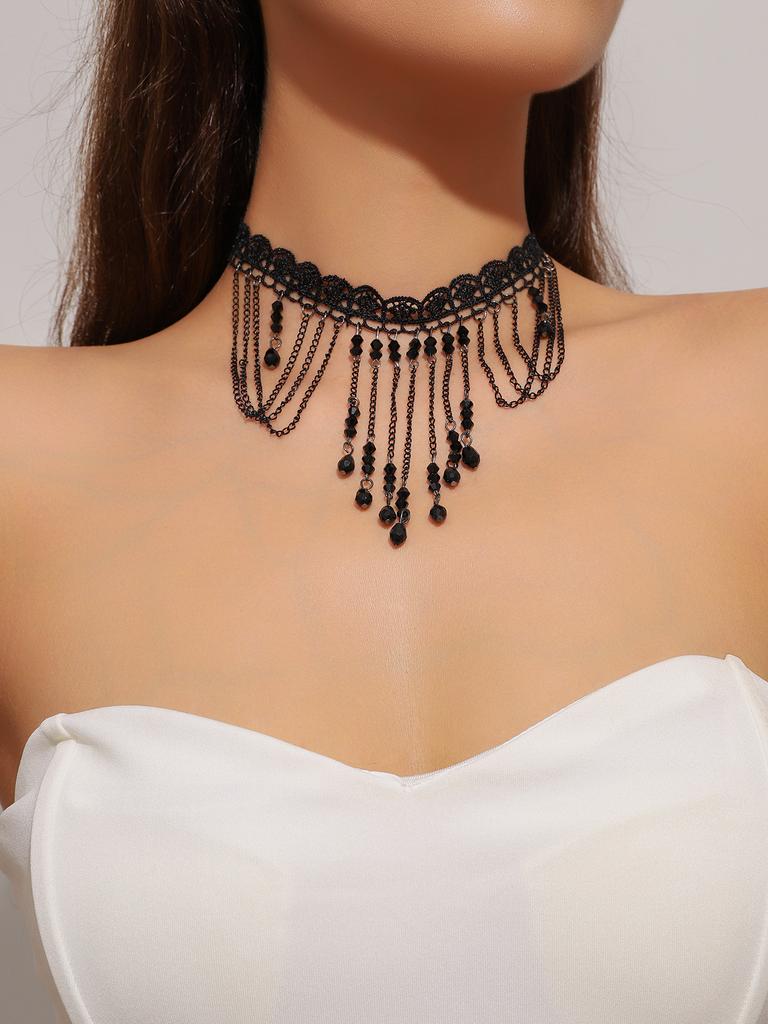 Vintage Black Lace Rose Necklace Bracelet Ring Set Women's Dinner Party, Dark Wind Neck Chain Bracelet