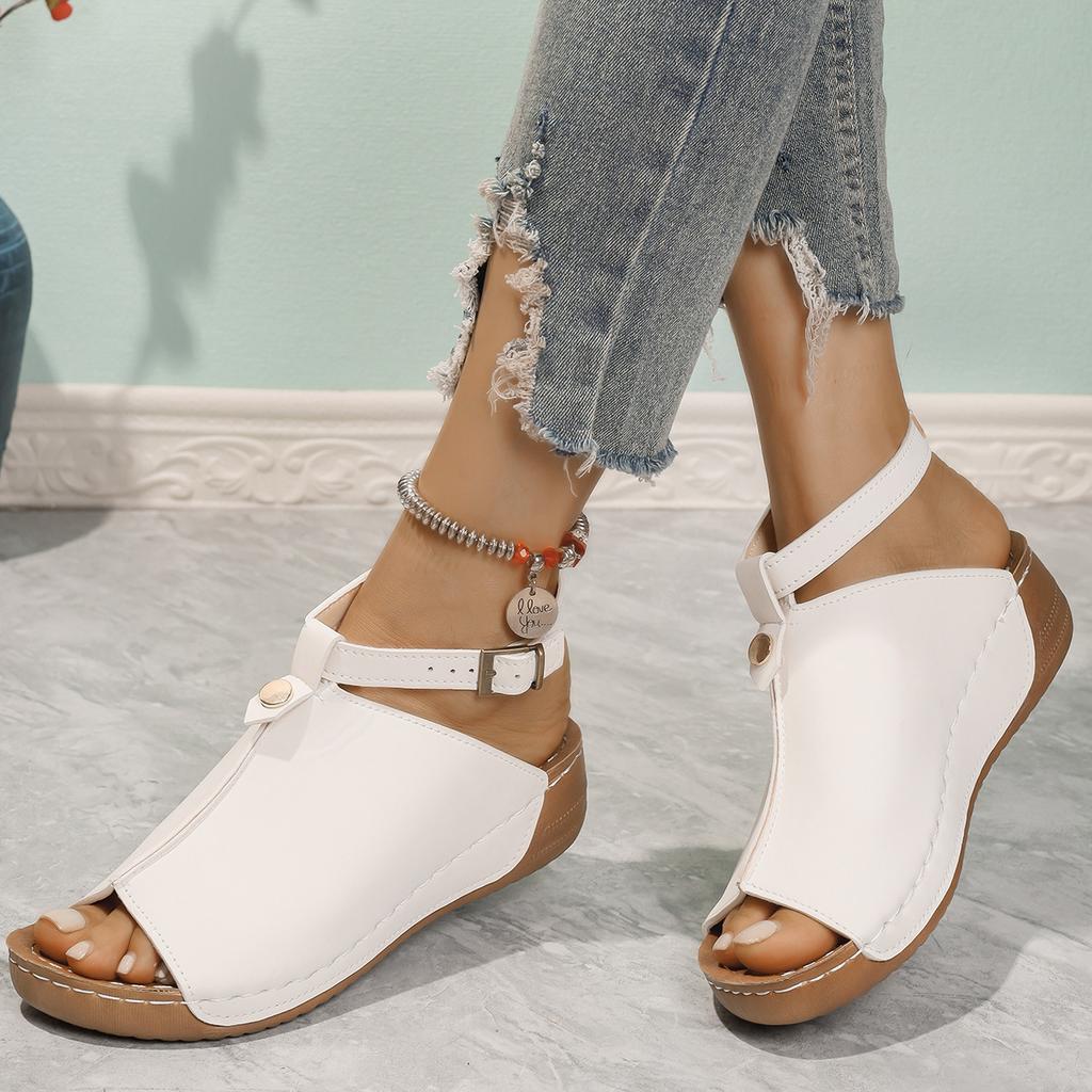 European and American Summer New European and American Fashion Fish Mouth Thick-soled Wedge Sandals Large Size One-word Buckle Strap Flat Sandals