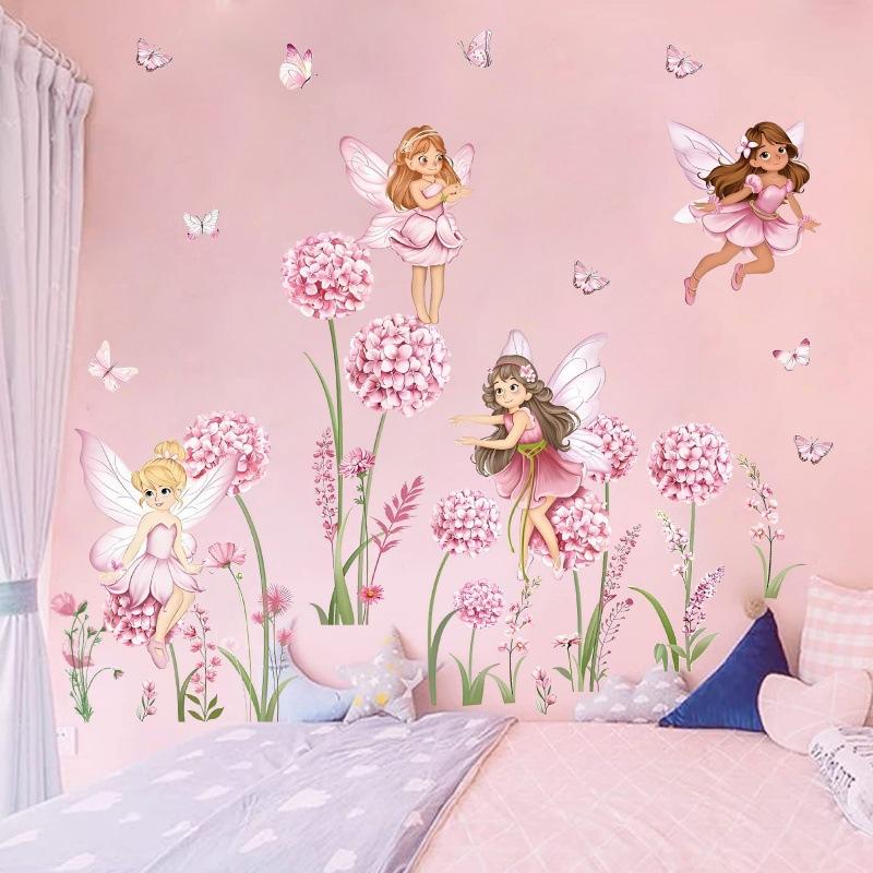 Cartoon Pink Flower Fairy Dandelion Wall Stickers Girl Room Floral Butterfly Wall Decals Bedroom Baby Nursery Kids Home Decor